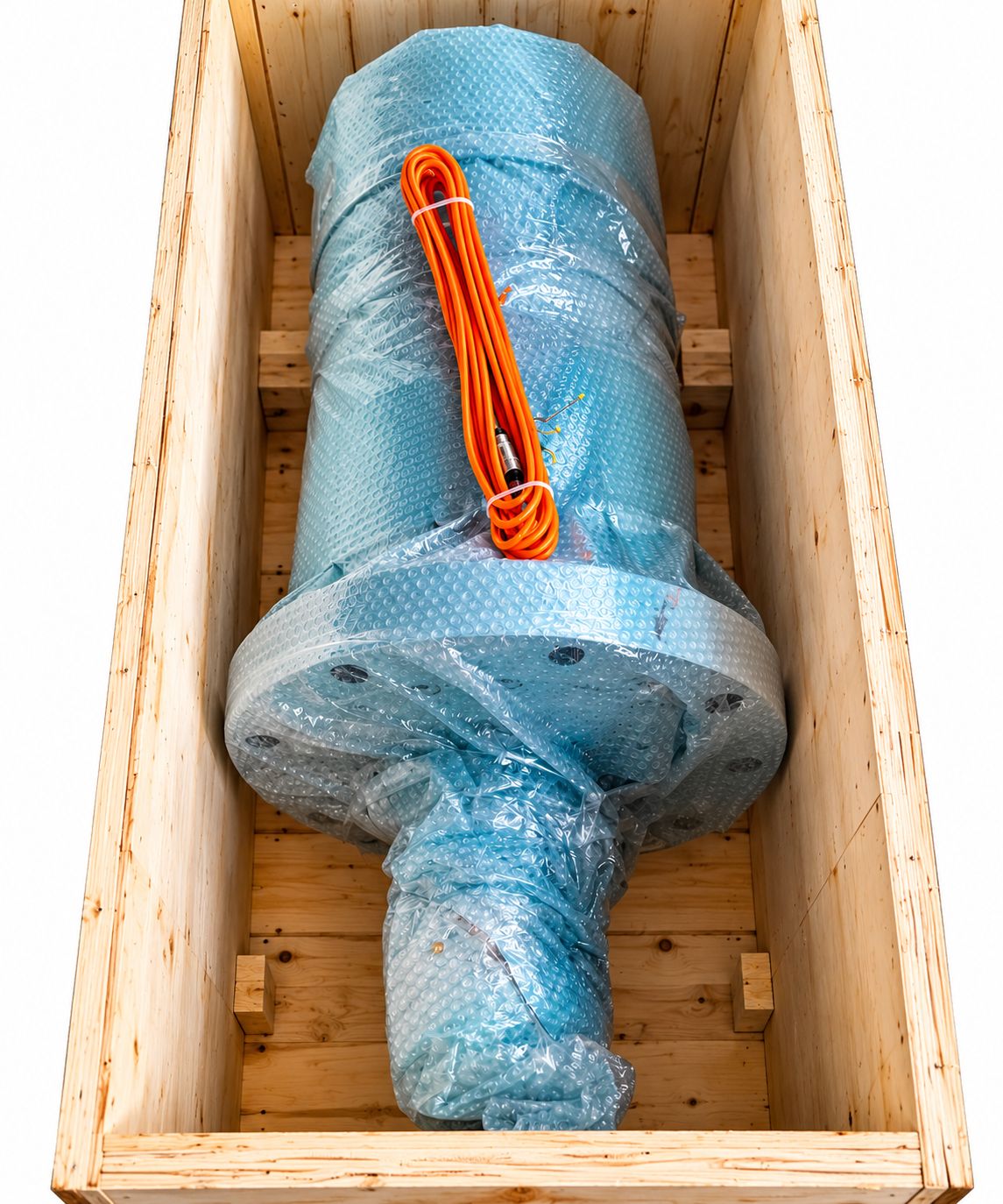 Submersible pump crated for dispatch
