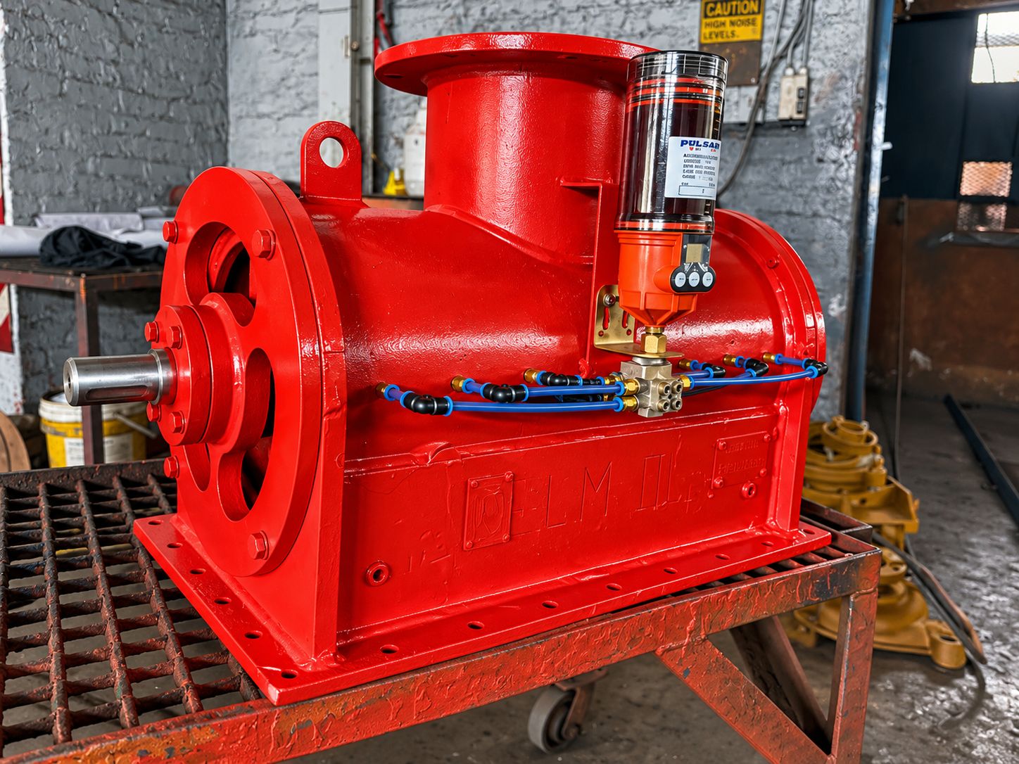 Refurbished red unit fitted with an automatic lubricator on the workshop floor